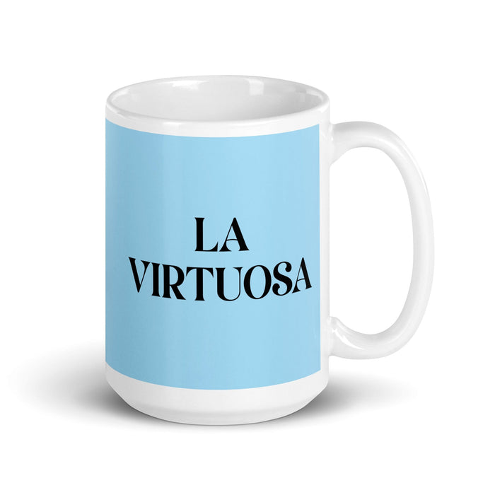 La Virtuosa La Virtuosa Taza de café divertida para el trabajo en casa o en la oficina Regalo de orgullo mexicano español Taza blanca brillante Taza de tarjeta azul cielo