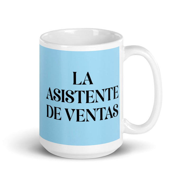 La Asistente De Ventas, der Verkaufsassistent, lustige Kaffeetasse für Zuhause, Büro, Arbeit, mexikanisches spanisches Pride-Geschenk, weiße glänzende Tasse, himmelblaue Kartentasse