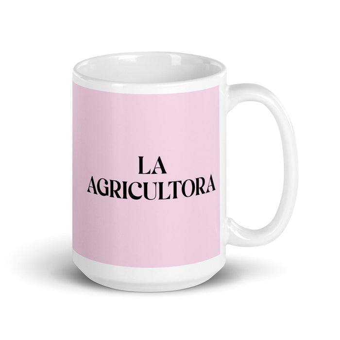 Lustige Kaffeetasse „La Agricultora, der Bauer“, für Zuhause, Büro, Arbeit, mexikanisches spanisches Stolzgeschenk, weiße glänzende Tasse, hellrosa Kartentasse