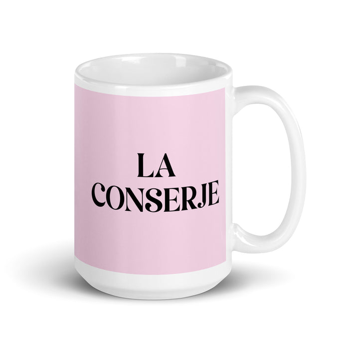 La Conserje The Caretaker Funny Home Office Work Coffee Mug Mexican Spanish Pride Gift White Glossy Cup Light Pink Card Mug