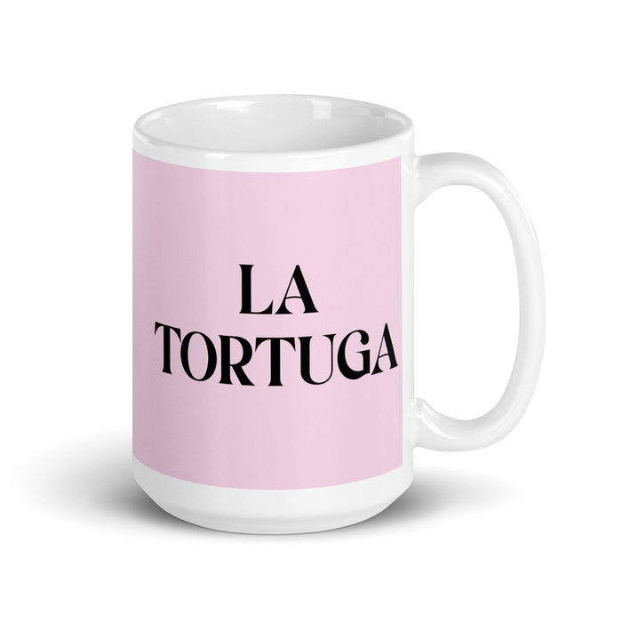 La Tortuga, die Schildkröte, lustige Kaffeetasse für Zuhause, Büro, Arbeit, mexikanisches spanisches Pride-Geschenk, weiße glänzende Tasse, hellrosa Kartentasse