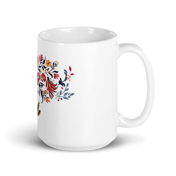 Tasse à café exclusive Amaia avec nom, pour la maison, le bureau, le travail, la fierté mexicaine et espagnole, cadeau unique en son genre, calligraphie, blanc brillant | A25