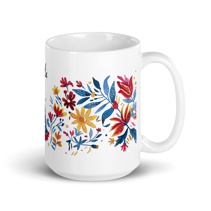 Tasse à café exclusive Amalia avec nom, pour la maison, le bureau, le travail, la fierté mexicaine et espagnole, cadeau unique en son genre, calligraphie, blanc brillant | A18