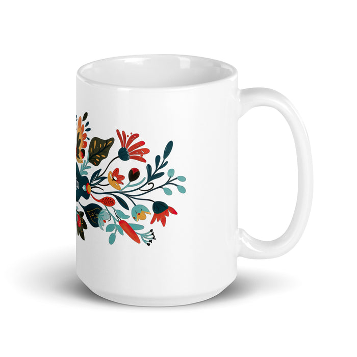 Tasse à café exclusive Amalia avec nom, pour la maison, le bureau, le travail, la fierté mexicaine et espagnole, cadeau unique en son genre, calligraphie, blanche et brillante | A24