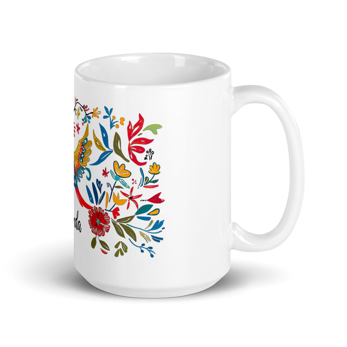 Taza de café exclusiva con nombre de Amanda, obra de arte para el hogar, la oficina, el trabajo, regalo de orgullo mexicano y español, taza blanca brillante con caligrafía única en su tipo | A14