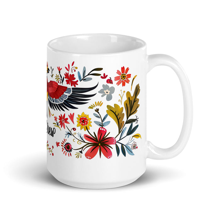 Taza de café exclusiva con nombre de Andrew, obra de arte para el hogar, la oficina, el trabajo, regalo de orgullo mexicano y español, taza blanca brillante con caligrafía única en su tipo | A3