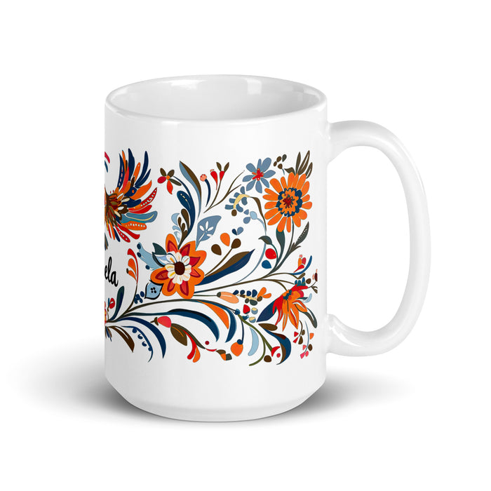 Taza de café exclusiva con nombre de Ángela, obra de arte para el hogar, la oficina, el trabajo, regalo de orgullo mexicano español, taza blanca brillante con caligrafía única en su tipo | Á1