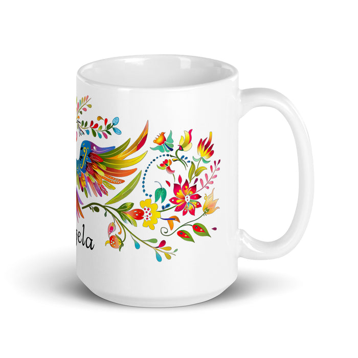 Taza de café exclusiva con nombre de Ángela, obra de arte para el hogar, la oficina, el trabajo, regalo de orgullo mexicano español, taza blanca brillante con caligrafía única en su tipo | Á12