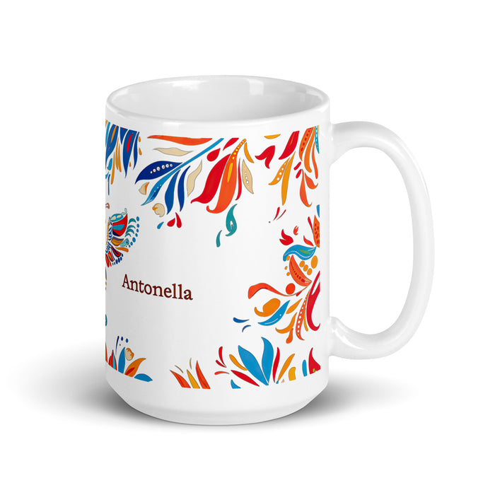 Antonella – Exklusives Namenskunstwerk, Kaffeetasse für Zuhause, Büro, Arbeit, mexikanischer und spanischer Stolz, Geschenktasse, einzigartige Kalligraphie, weiß glänzend, A1