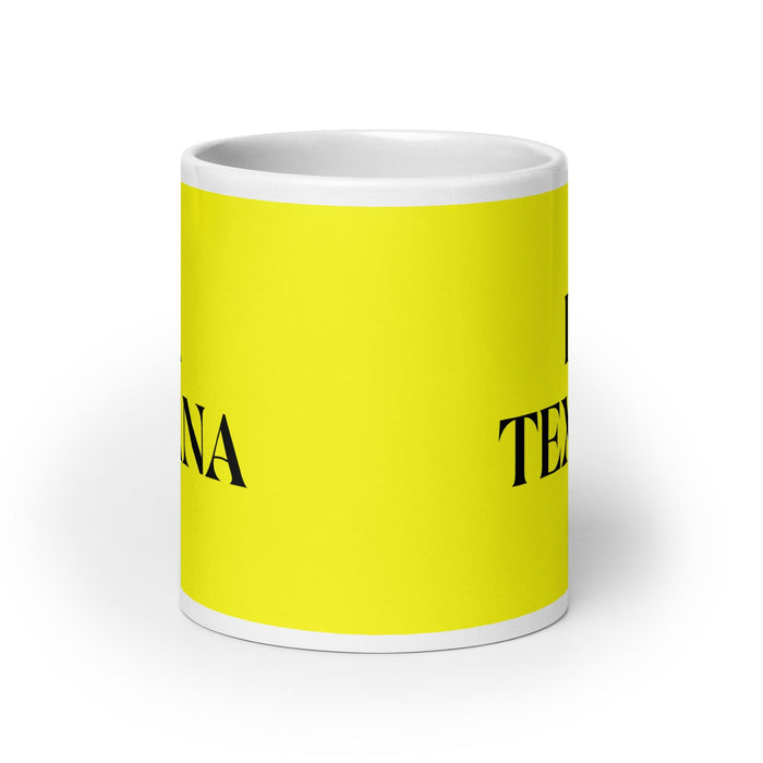 La Texana The Texan Tasse à café amusante pour le travail à domicile ou au bureau Cadeau de fierté mexicaine espagnole Tasse blanche brillante Tasse à carte jaune