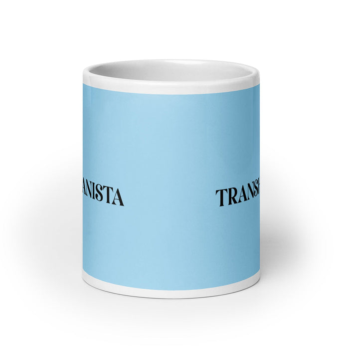 La Transhumanista, der Transhumanist, lustige Kaffeetasse für Zuhause, Büro, Arbeit, mexikanisches spanisches Pride-Geschenk, weiße glänzende Tasse, himmelblaue Kartentasse