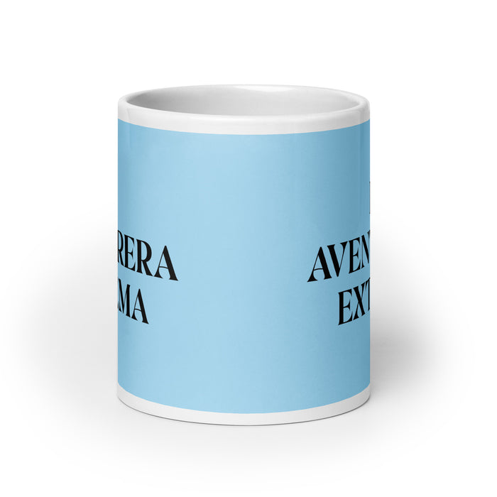 La Aventurera Extrema The Extreme Adventurer Funny Home Office Work Coffee Mug Mexican Spanish Pride Gift White Glossy Cup Sky Blue Card Mug