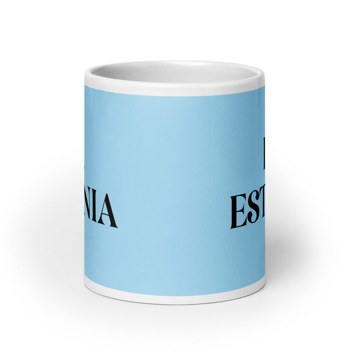 La Estonia, die estnische, lustige Kaffeetasse für Zuhause, Büro, Arbeit, mexikanisches spanisches Stolzgeschenk, weiße glänzende Tasse, himmelblaue Kartentasse