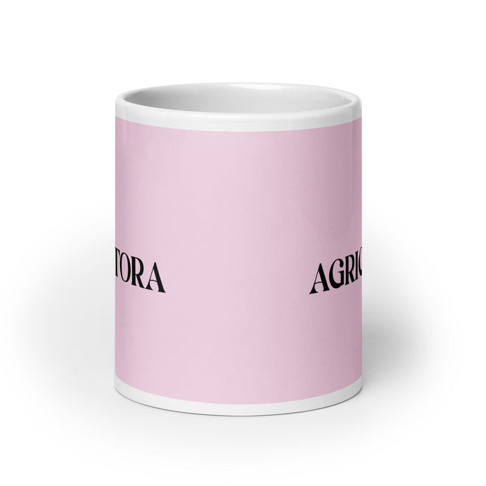 Lustige Kaffeetasse „La Agricultora, der Bauer“, für Zuhause, Büro, Arbeit, mexikanisches spanisches Stolzgeschenk, weiße glänzende Tasse, hellrosa Kartentasse