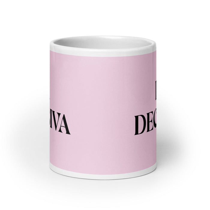 Lustige Kaffeetasse mit Aufschrift „La Decisiva, The Decisive One“, für Zuhause, Büro, Arbeit, mexikanisches spanisches Pride-Geschenk, weiße glänzende Tasse, hellrosa Kartentasse