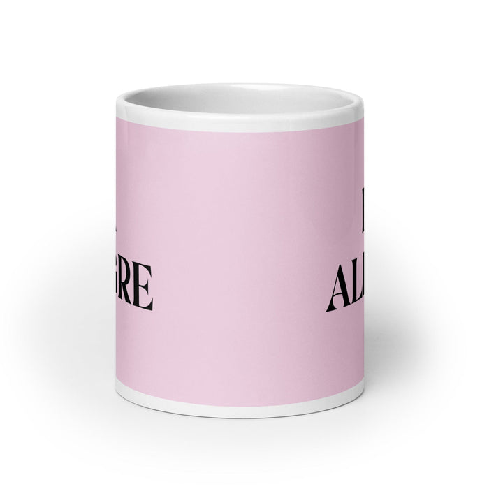 La Alegre, die Fröhliche, lustige Kaffeetasse für Zuhause, Büro, Arbeit, mexikanisches spanisches Pride-Geschenk, weiße glänzende Tasse, hellrosa Kartentasse