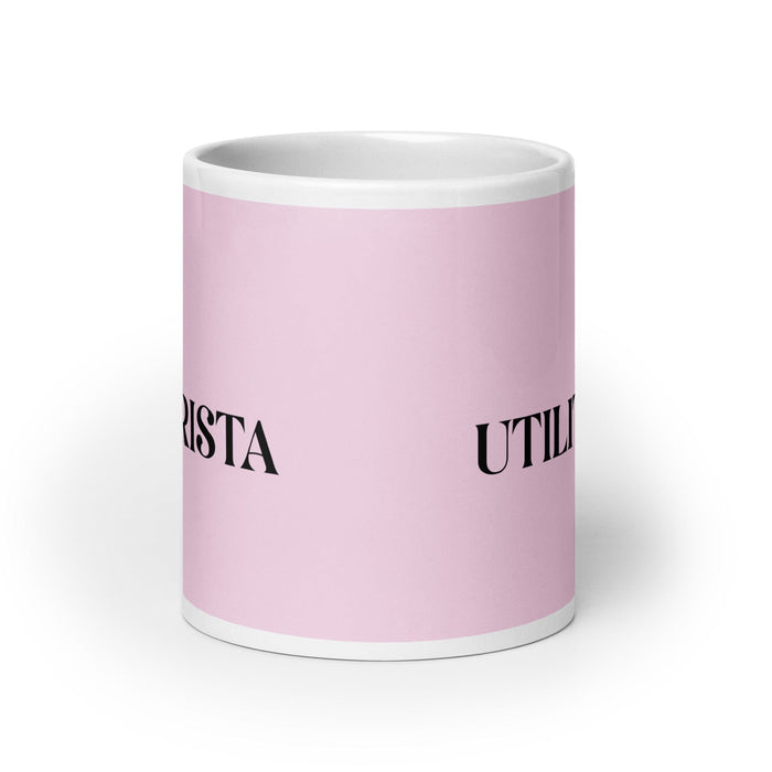 El Utilitarista Taza de café divertida para el hogar, la oficina y el trabajo, regalo de orgullo mexicano y español, taza blanca brillante, taza con tarjeta rosa claro