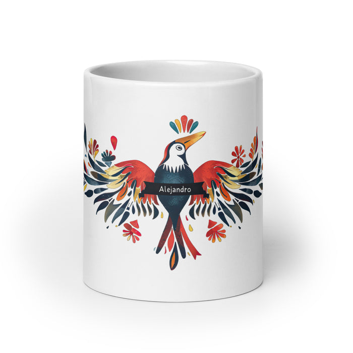 Taza de café exclusiva con nombre de Alejandro, obra de arte para el hogar, la oficina, el trabajo, regalo de orgullo mexicano español, taza blanca brillante con caligrafía única en su tipo | A10