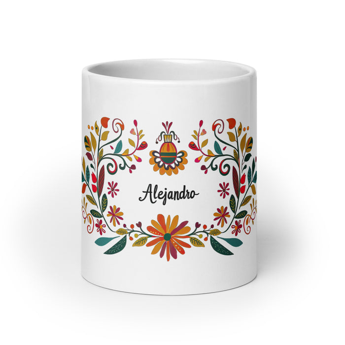 Tasse à café exclusive avec nom d'Alejandro, tasse à café pour le travail à domicile, la fierté mexicaine et espagnole, tasse à calligraphie unique, tasse blanche brillante | A12