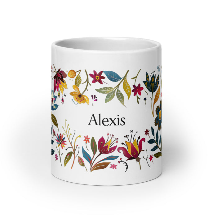 Alexis – Exklusives Namenskunstwerk, Kaffeetasse für Zuhause, Büro, Arbeit, mexikanischer und spanischer Stolz, Geschenktasse, einzigartige Kalligraphie, weiß glänzende Tasse | A2