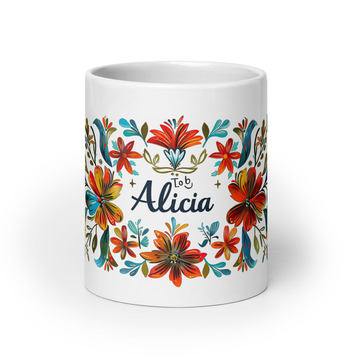 Tazza da caffè con nome esclusivo Alicia, tazza da regalo con orgoglio spagnolo messicano, calligrafia unica, tazza bianca lucida | A12