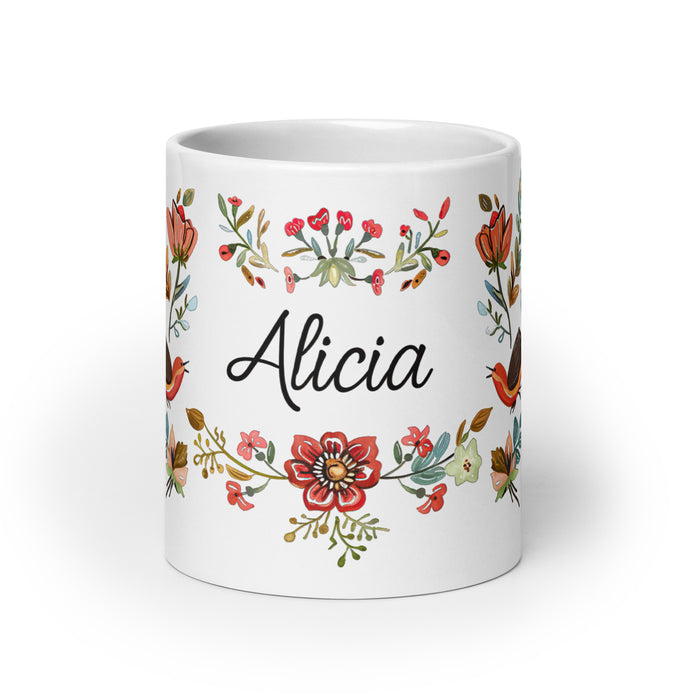 Taza de café exclusiva con nombre de Alicia, para el hogar, la oficina, el trabajo, regalo de orgullo mexicano y español, taza blanca brillante con caligrafía única en su tipo | A28