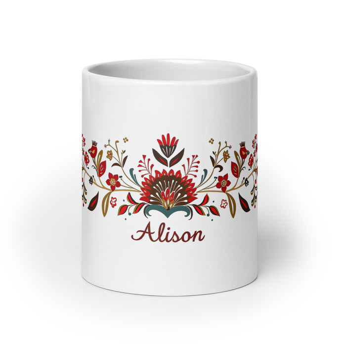 Tasse à café exclusive avec nom d'Alison, tasse à café pour le travail à domicile, tasse cadeau de fierté espagnole mexicaine, tasse blanche brillante avec calligraphie unique en son genre | A7