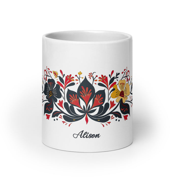 Alison Exclusive Nome Opera d'arte Casa Ufficio Lavoro Tazza da caffè Tazza regalo orgoglio spagnolo messicano Tazza unica nel suo genere Calligrafia Tazza bianca lucida | A23