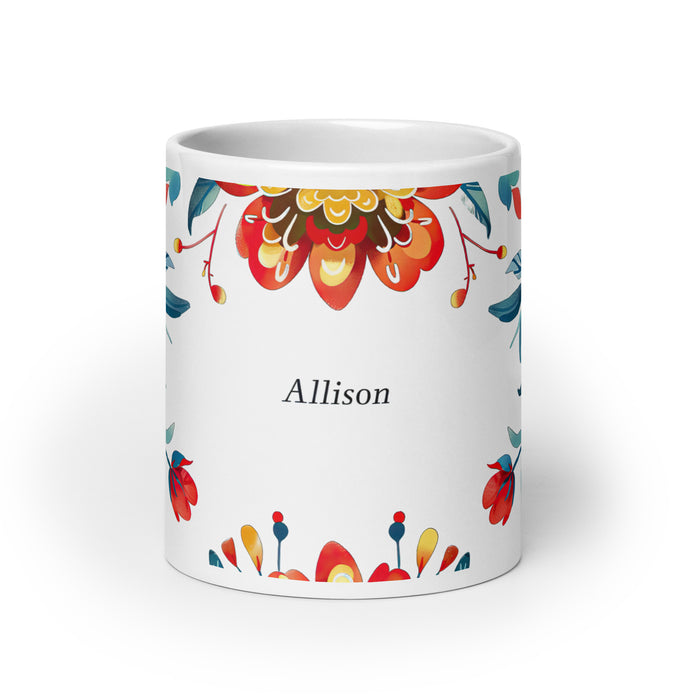 Tasse à café avec nom exclusif d'Allison, tasse à café pour le travail à domicile, tasse cadeau de fierté espagnole mexicaine, tasse blanche brillante avec calligraphie unique en son genre | A10