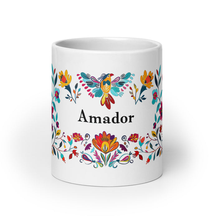 Tasse à café exclusive Amador avec nom, pour la maison, le bureau, le travail, la fierté mexicaine et espagnole, cadeau unique en son genre, calligraphie, blanche et brillante | A3