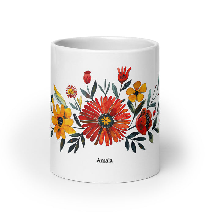 Amaia – Exklusives Namenskunstwerk, Kaffeetasse für Zuhause, Büro, Arbeit, mexikanischer und spanischer Stolz, Geschenktasse, einzigartige Kalligraphie, weiß glänzend, A3