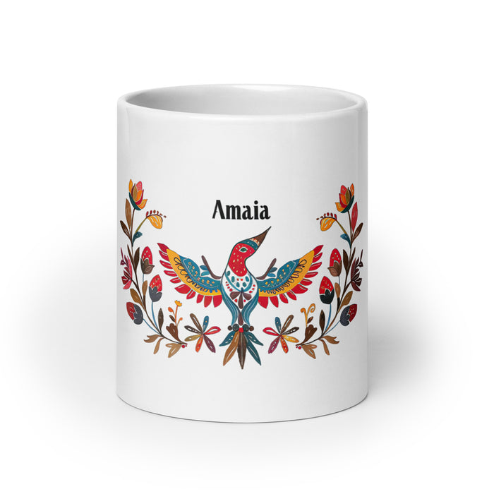 Tasse à café exclusive Amaia avec nom, pour la maison, le bureau, le travail, la fierté mexicaine et espagnole, cadeau unique en son genre, calligraphie, blanc brillant | A4