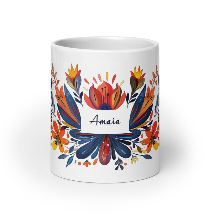 Amaia Exclusive Name Art Piece Home Office Work Coffee Mug Mexican Spanish Pride Gift Cup One-Of-A-Kind Calligraphy White Glossy Mug | A11