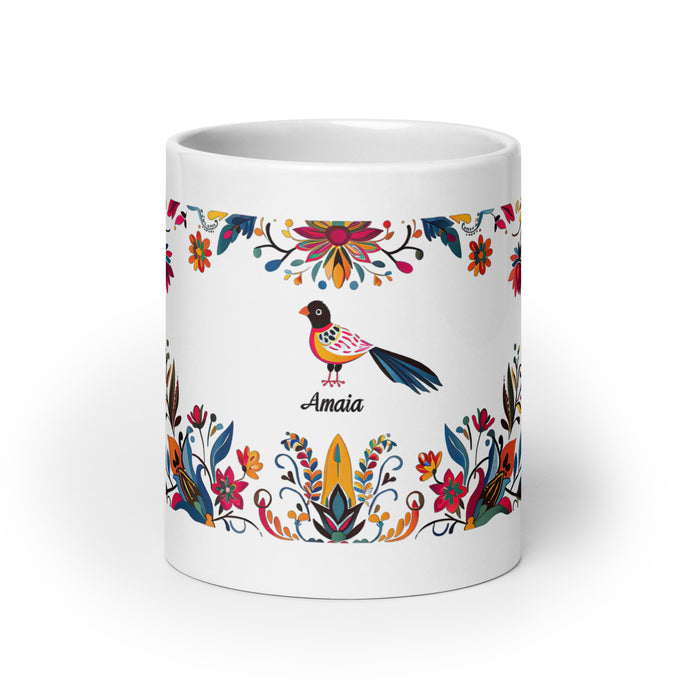 Taza de café exclusiva con nombre de Amaia, obra de arte para el hogar, la oficina, el trabajo, regalo de orgullo mexicano español, taza blanca brillante con caligrafía única en su tipo | A14