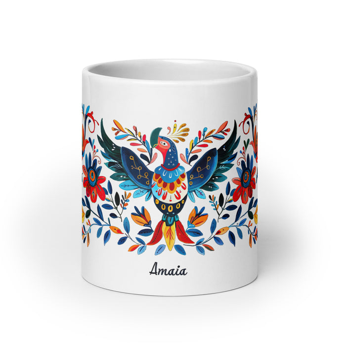 Amaia Exklusives Namenskunstwerk für Zuhause, Büro, Arbeit, Kaffeetasse, mexikanischer und spanischer Stolz, Geschenktasse, einzigartige Kalligraphie, weiß glänzende Tasse | A15