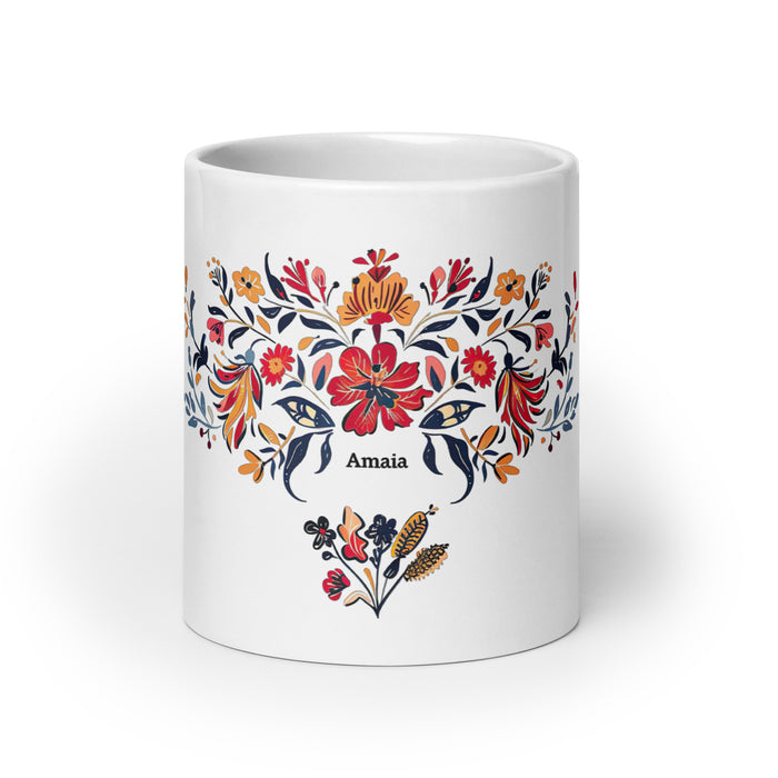 Tasse à café exclusive Amaia avec nom, pour la maison, le bureau, le travail, la fierté mexicaine et espagnole, cadeau unique en son genre, calligraphie, blanc brillant | A25