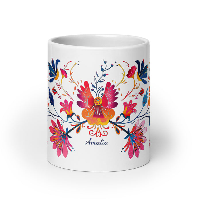 Taza de café exclusiva con nombre de Amalia, obra de arte para el hogar, la oficina, el trabajo, regalo de orgullo mexicano y español, taza blanca brillante con caligrafía única en su tipo | A11