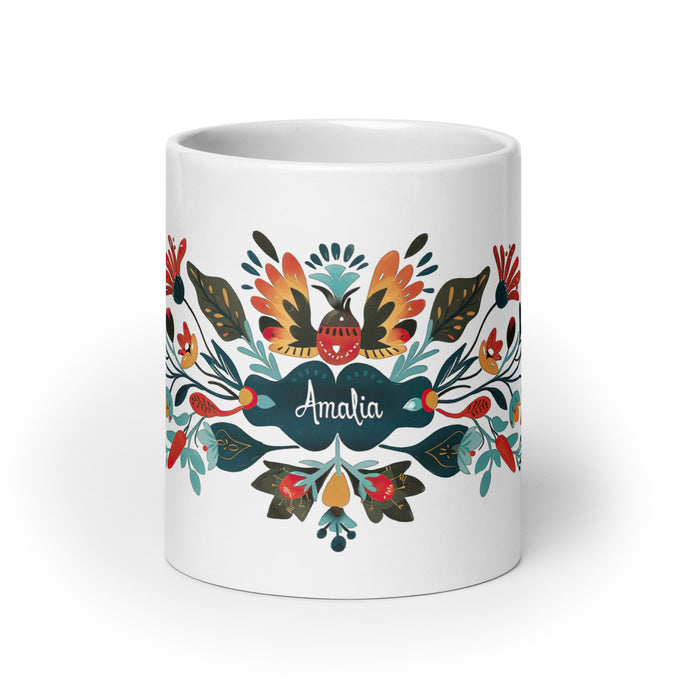 Tasse à café exclusive Amalia avec nom, pour la maison, le bureau, le travail, la fierté mexicaine et espagnole, cadeau unique en son genre, calligraphie, blanche et brillante | A24