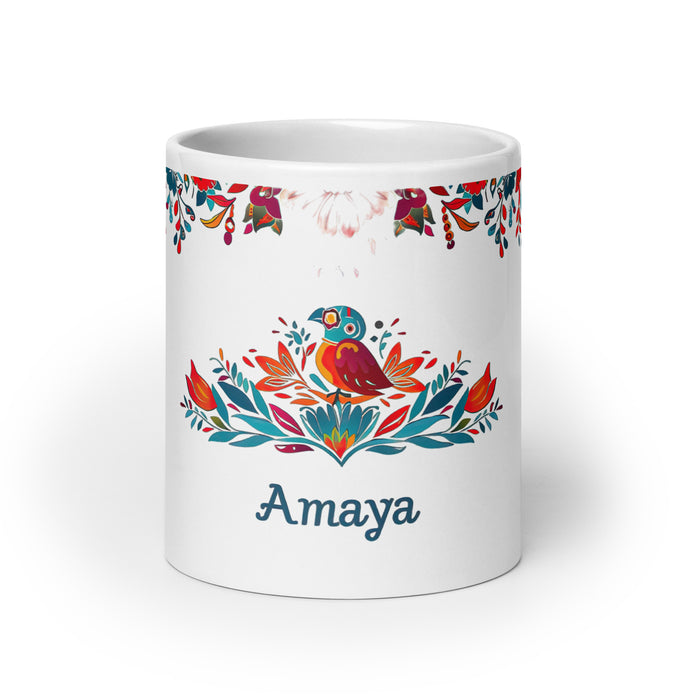 Tasse à café exclusive Amaya avec nom, pour la maison, le bureau, le travail, la fierté mexicaine et espagnole, cadeau unique en son genre, calligraphie, blanc brillant | A9