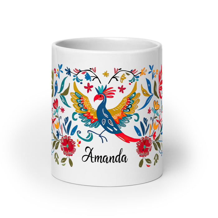 Tasse à café exclusive Amanda avec nom, pour la maison, le bureau, le travail, la fierté mexicaine et espagnole, cadeau unique en son genre, calligraphie, blanc brillant | A14