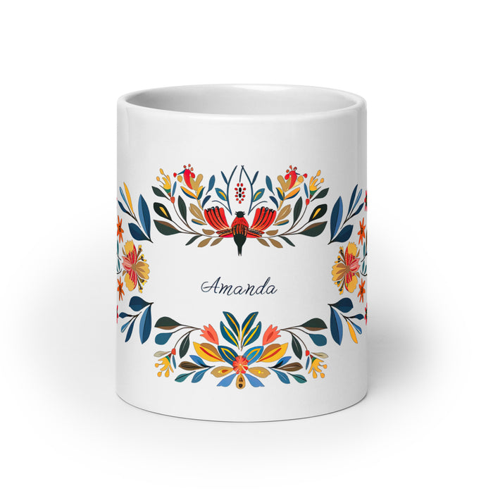 Tasse à café exclusive Amanda avec nom, pour la maison, le bureau, le travail, la fierté mexicaine et espagnole, cadeau unique en son genre, calligraphie, blanc brillant | A18