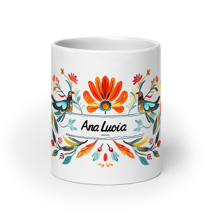 Ana Lucía Exklusives Namenskunstwerk für Zuhause, Büro, Arbeit, Kaffeetasse, mexikanischer und spanischer Stolz, Geschenktasse, einzigartige Kalligraphie, weiß glänzende Tasse | A6