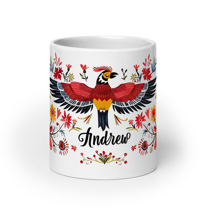 Taza de café exclusiva con nombre de Andrew, obra de arte para el hogar, la oficina, el trabajo, regalo de orgullo mexicano y español, taza blanca brillante con caligrafía única en su tipo | A3