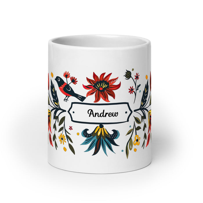 Taza de café exclusiva con nombre de Andrew, obra de arte para el hogar, la oficina, el trabajo, regalo de orgullo mexicano y español, taza blanca brillante con caligrafía única en su tipo | A5