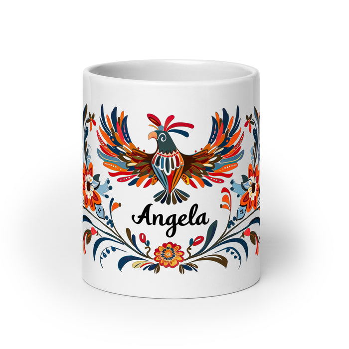 Taza de café exclusiva con nombre de Ángela, obra de arte para el hogar, la oficina, el trabajo, regalo de orgullo mexicano español, taza blanca brillante con caligrafía única en su tipo | Á1