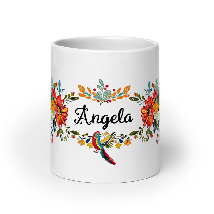 Tasse à café exclusive avec nom d'Ángela, tasse à café pour le travail à domicile, la fierté espagnole mexicaine, tasse cadeau, calligraphie unique, tasse blanche brillante | Á3