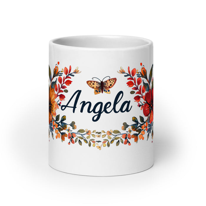 Tasse à café exclusive avec nom d'Ángela, tasse à café pour le travail à domicile, la fierté espagnole mexicaine, tasse cadeau, calligraphie unique, tasse blanche brillante | Á5