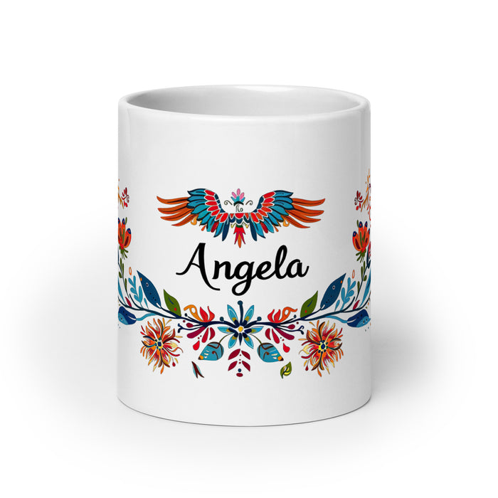 Taza de café exclusiva con nombre de Ángela, obra de arte para el hogar, la oficina, el trabajo, regalo de orgullo mexicano español, taza blanca brillante con caligrafía única en su tipo | Á9