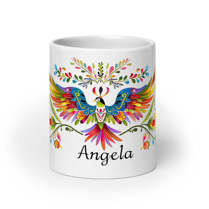 Taza de café exclusiva con nombre de Ángela, obra de arte para el hogar, la oficina, el trabajo, regalo de orgullo mexicano español, taza blanca brillante con caligrafía única en su tipo | Á12