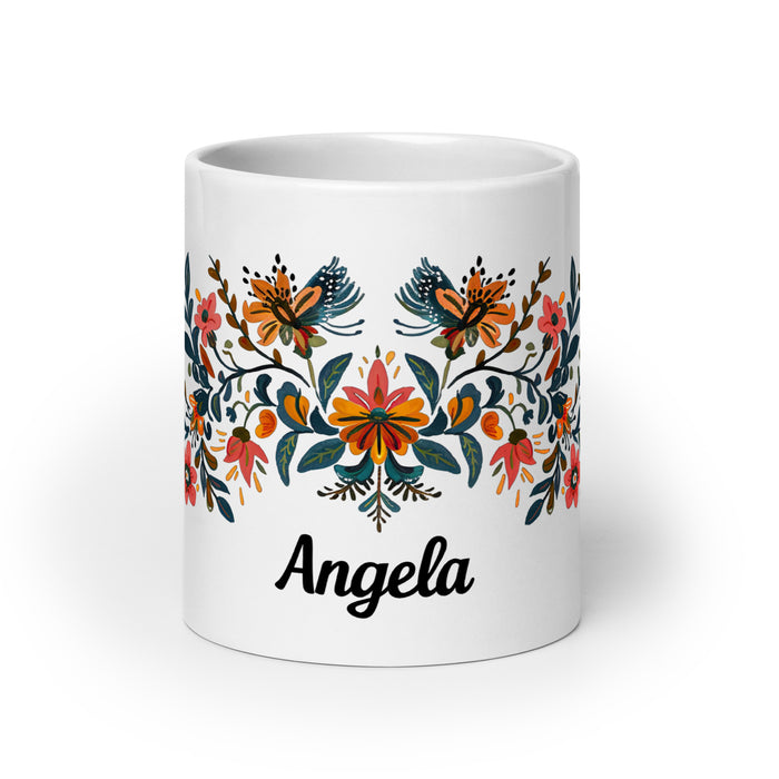 Taza de café exclusiva con nombre de Ángela, obra de arte para el hogar, la oficina, el trabajo, regalo de orgullo mexicano español, taza blanca brillante con caligrafía única en su tipo | Á25